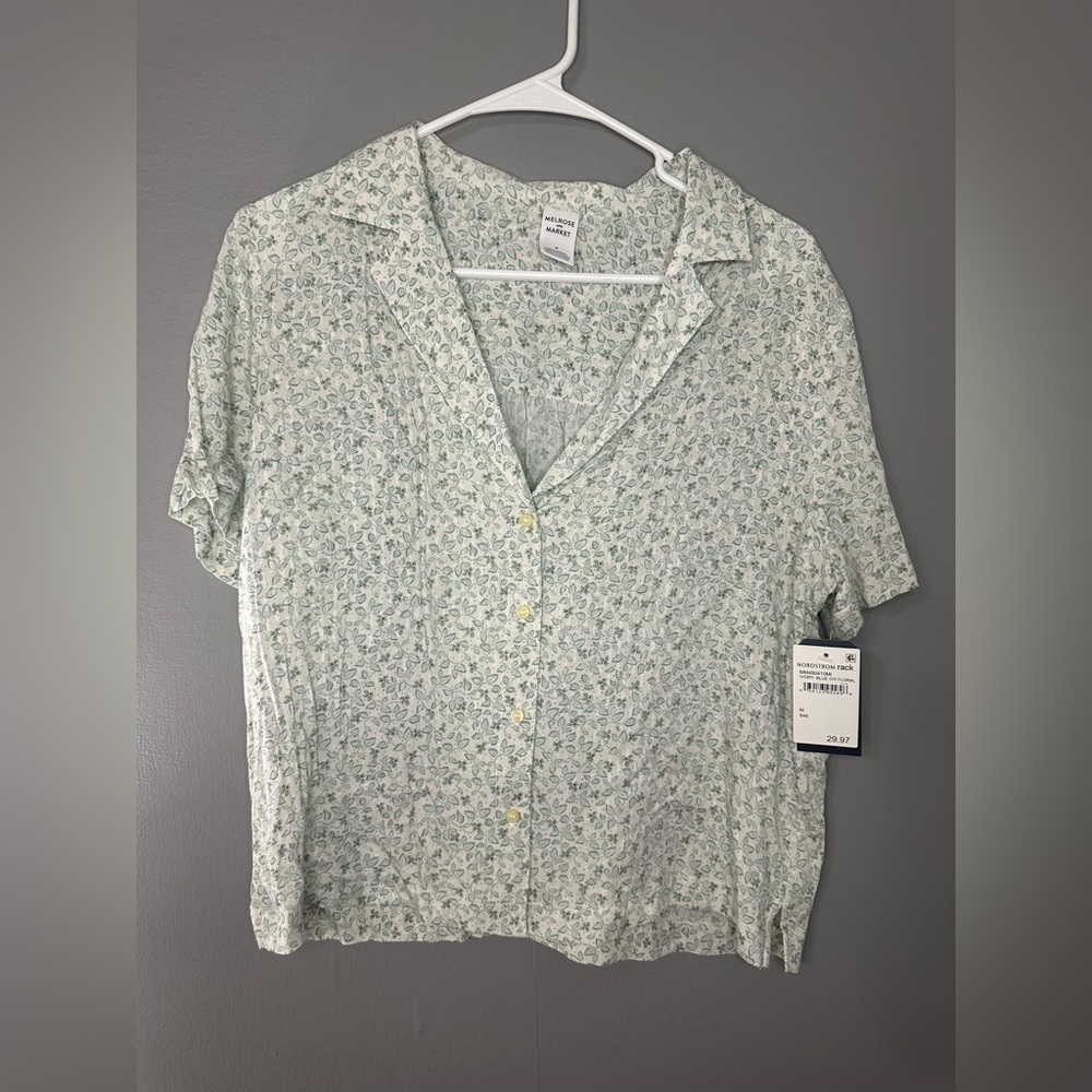Melrose and Market Light Green Floral Short-Sleeve Button-Up Shirt